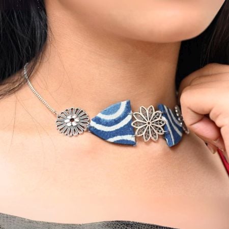 Indigo Print Silver Choker